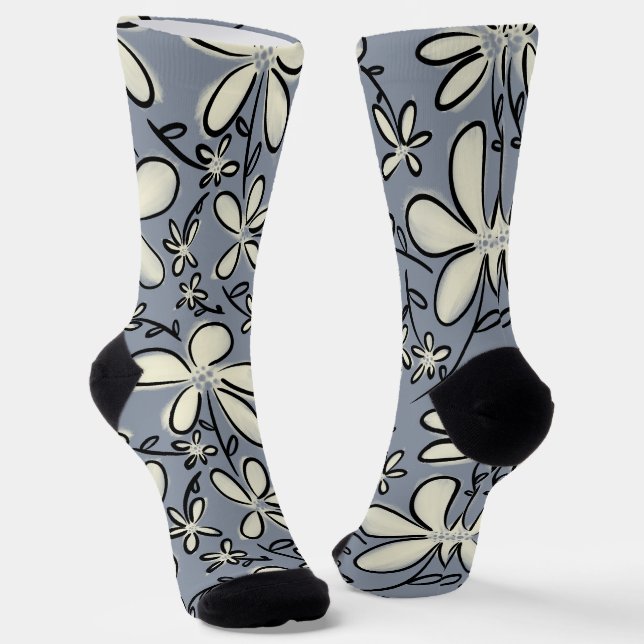Floral Grey and Cream flower pattern Socks (Angled)