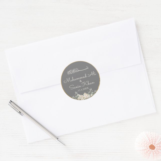 Floral Grey and Gold Islamic Muslim Wedding Classic Round Sticker (Envelope)