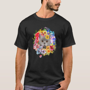Floral Grey Cat And Spring Flowers Farm Kitty Gard T-Shirt