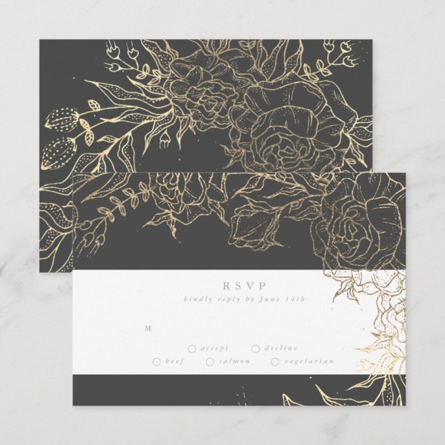 Floral Grey Iron Ore Gold Elegant Pampas Wedding RSVP Card (Front/Back)