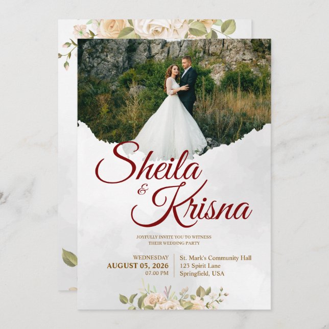Floral Grey Maroon Elegance Wedding with Photo Invitation (Front/Back)