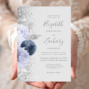 Floral Grey Navy Blue Lilac Silver Wedding Invitation
