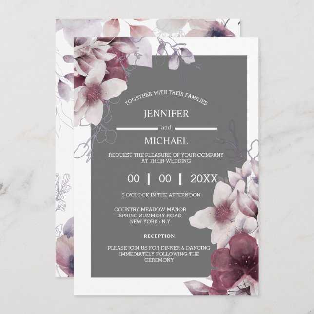 Floral grey purple botanical wildflower blossoms invitation (Front/Back)