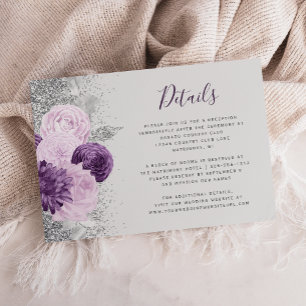 Floral Grey Purple Silver Wedding Details Enclosure Card
