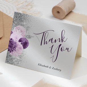 Floral Grey Purple Silver Wedding Thank You Card