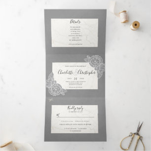 floral grey tri-fold all in one wedding invitation