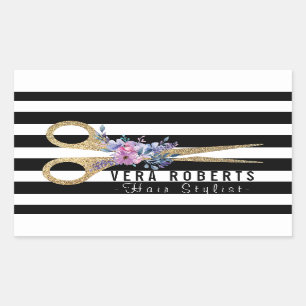 Floral Hair Stylist Glitter Scissor Beauty Salon Rectangular Sticker