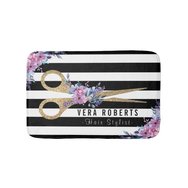 Floral Hair Stylist Glitter Scissor Beauty striped Bath Mat (Front)