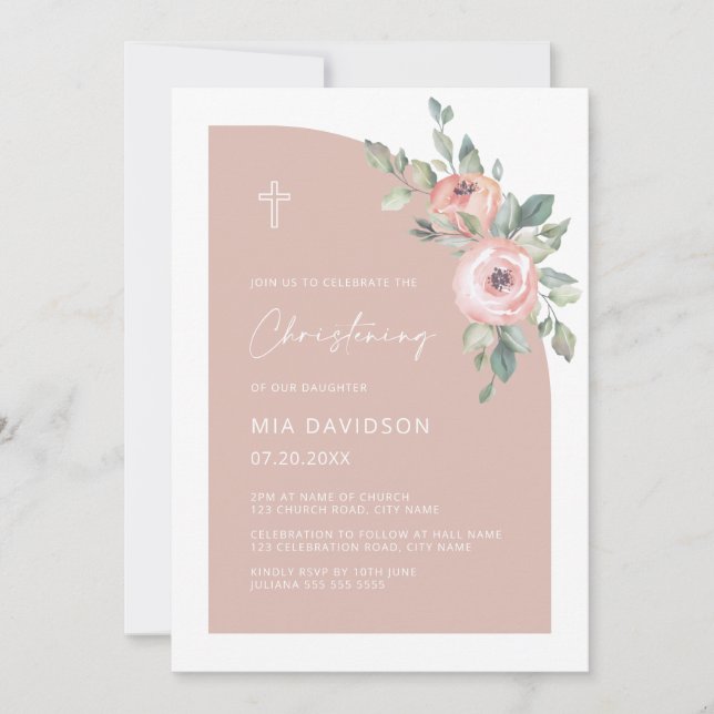 Floral Half Arch Blush Pink Girl Christening Invitation (Front)
