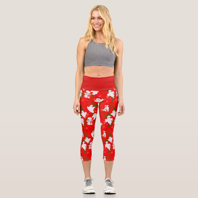 floral halloween ghosts flowers red  capri leggings (Front)