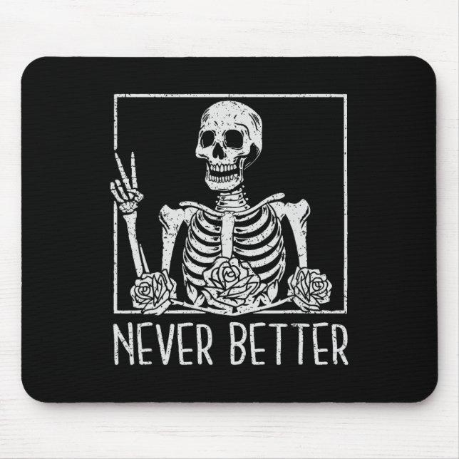 Floral Halloween Skeleton Drinking Coffee Never Be Mouse Pad (Front)