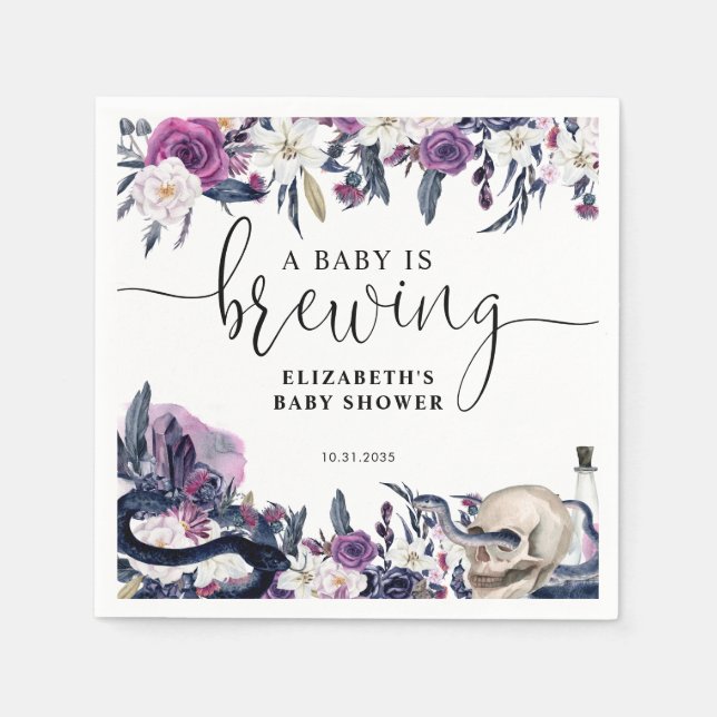 Floral Halloween Skull Baby is Brewing Shower Napkin (Front)