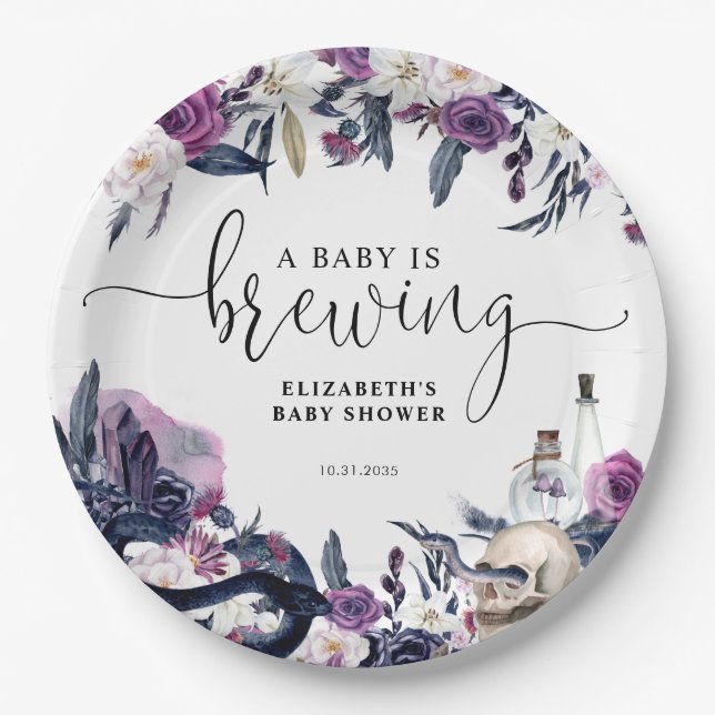 Floral Halloween Skull Baby is Brewing Shower Paper Plate (Front)