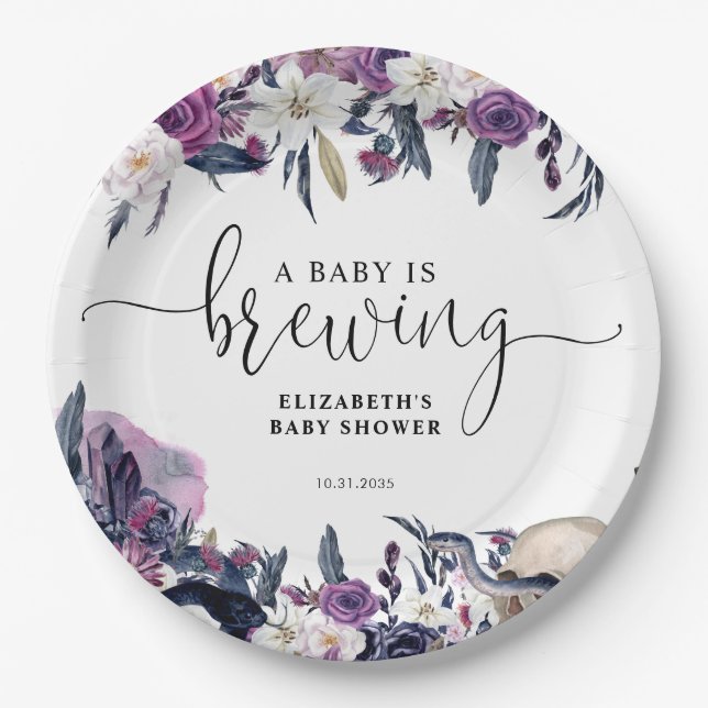 Floral Halloween Skull Baby is Brewing Shower Paper Plate (Front)