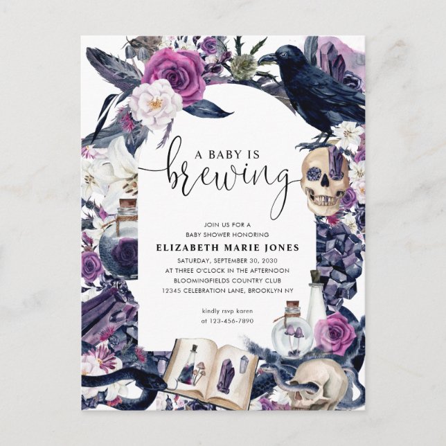 Floral Halloween Tombstone Baby is Brewing Shower Postcard (Front)