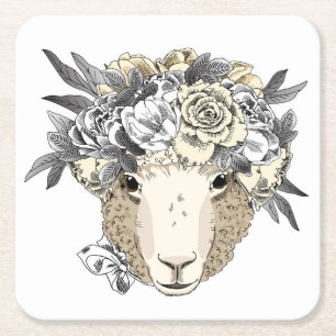 Floral Halo Sheep Square Paper Coaster
