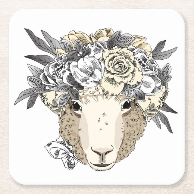 Floral Halo Sheep Square Paper Coaster (Front)