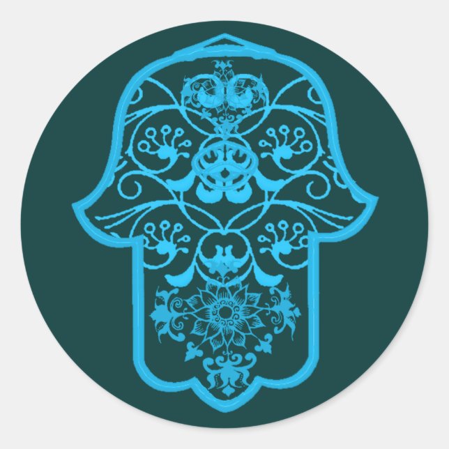Floral Hamsa (Blue) Classic Round Sticker (Front)