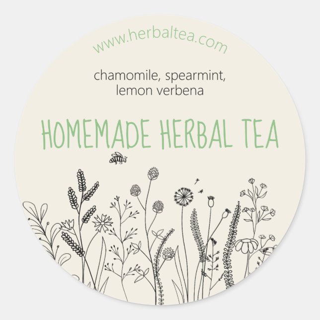 Floral Hand Drawn Herbal Tea Round Label (Front)