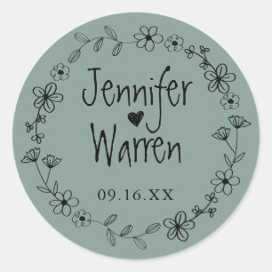Floral Hand Drawn Wreath Personalised Green Classic Round Sticker