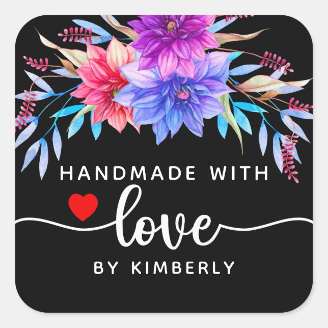 Floral Handmade with Love Black Square Sticker (Front)