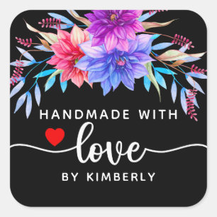Floral Handmade with Love Black Square Sticker