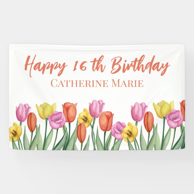 Floral Happy 16th Birthday  Banner (Horizontal)