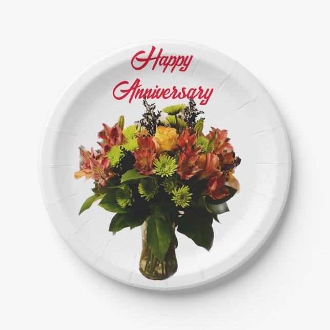 Floral Happy Anniversary Paper Plate (Front)