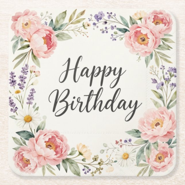 Floral Happy Birthday Coaster | Spring Party (Front)