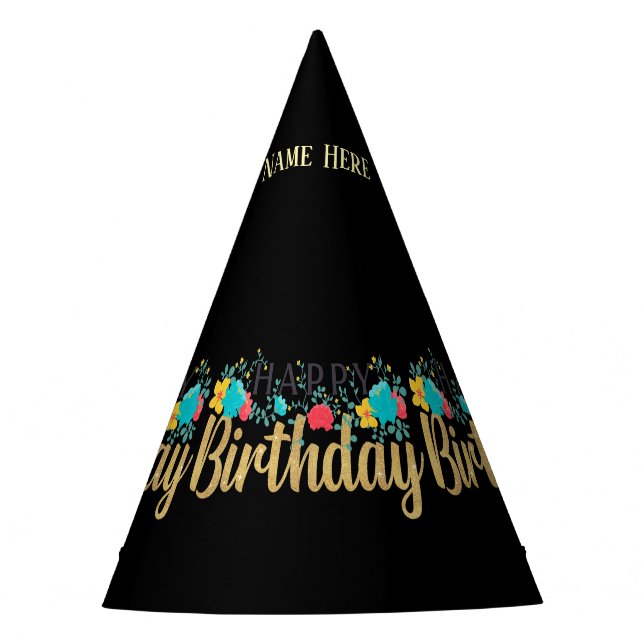 Floral Happy Birthday Name Here Crafts Supplies Party Hat (Front)