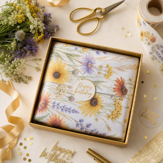 Floral Happy Birthday Wildflowers Gold Script Tissue Paper