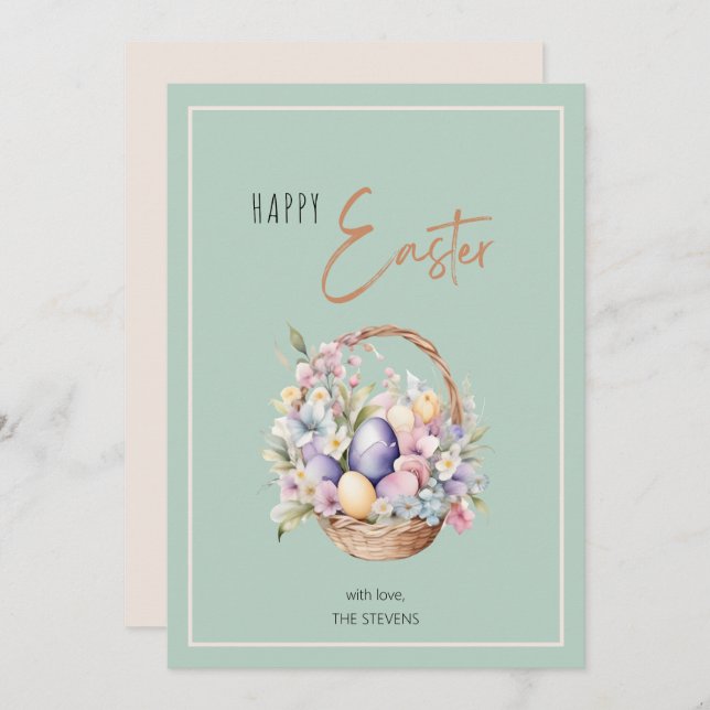 Floral Happy Easter Basket Greetings Holiday Card (Front/Back)