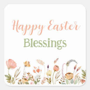 Floral Happy Easter Blessing Classy Custom Text  Square Sticker