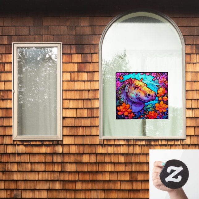 Floral Happy Hippo Colourful Faux Stained Glass (Home Window)
