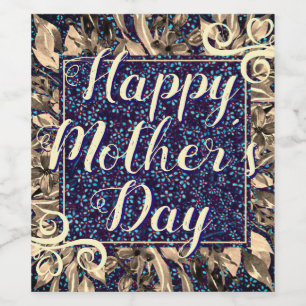 Floral Happy Mother's Day Elegant Navy Gold Boho Wine Label