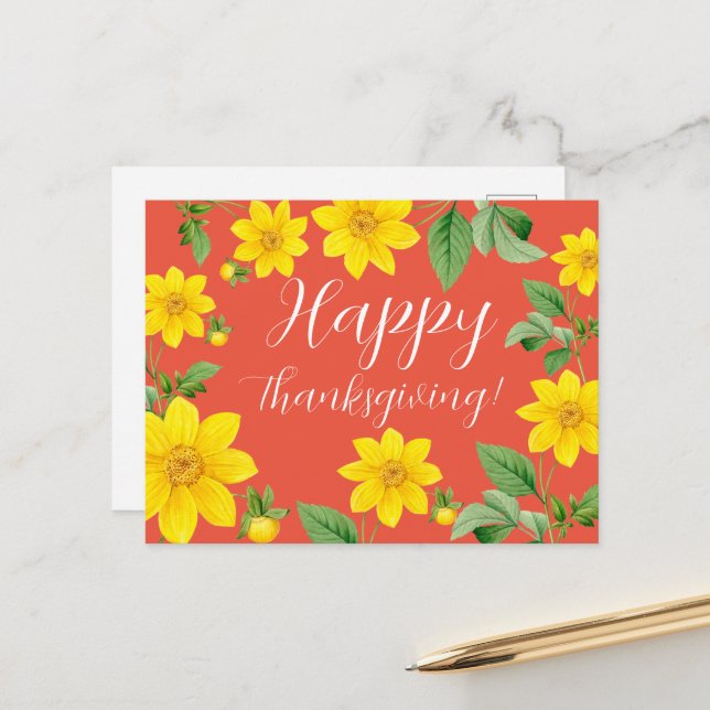 Floral Happy Thanksgiving Postcard (Front/Back In Situ)