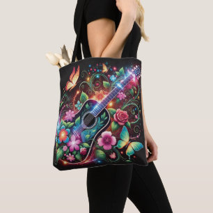 Floral Harmony - Guitar and Butterfly Design Tote Bag
