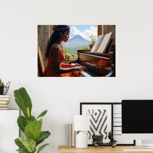 Floral Harmony – Woman at Piano with Nature View Poster