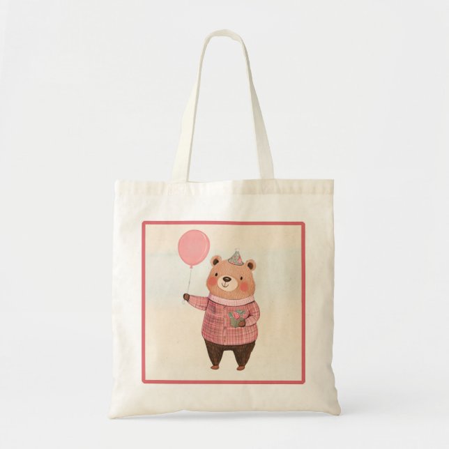 Floral Hat Bear with Pink Plaid Sweater Tote Bag (Front)