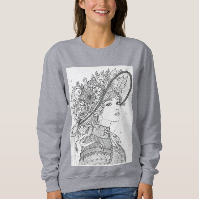 Floral Hat Lady Ink Illustration Sweatshirt (Front)