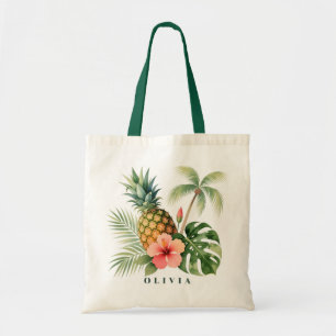 Floral Hawaii Pineapple & Hibiscus Summer Name Tote Bag