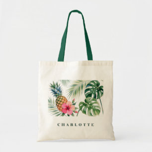 Floral Hawaii Pineapple & Hibiscus Summer Name Tote Bag