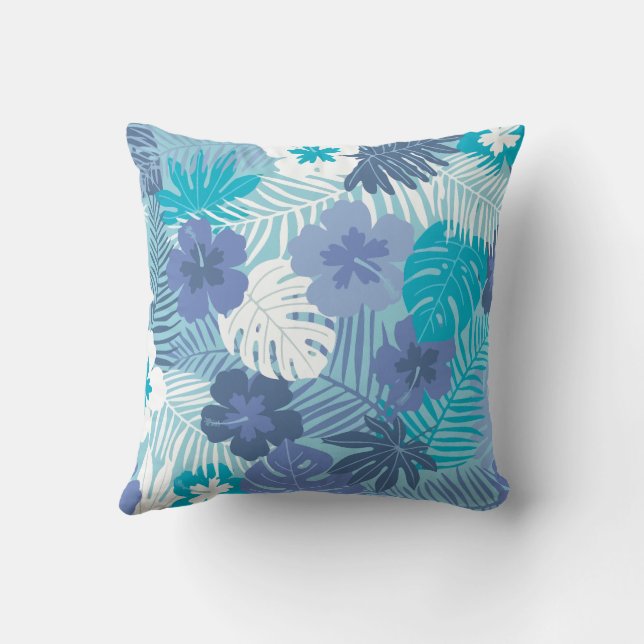 Floral Hawaiian Blue Tones Cushion (Back)