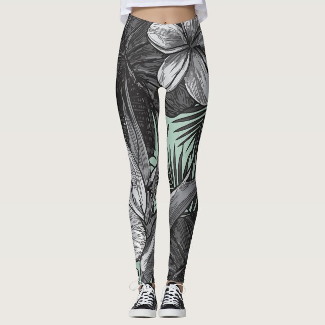 Floral Hawaiian Pattern With Light Green  Leggings (Front)