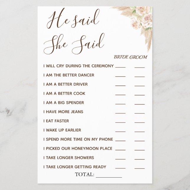 Floral He said She Said shower game card (Front)