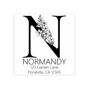 Floral Head Letter - N - Return Address Monogram Rubber Stamp
