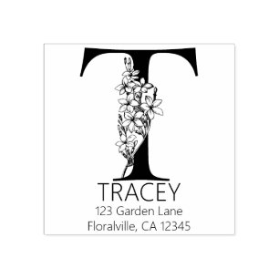 Floral Head Letter - T - Return Address Monogram Rubber Stamp