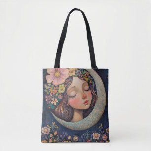 Floral Headdress & Crescent Moon Tote Bag
