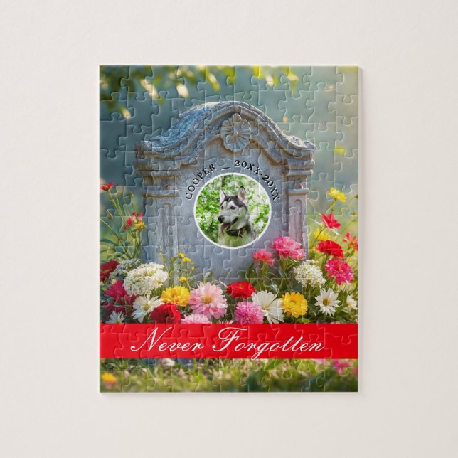 Floral Headstone Pet Tribute Photo Dog Memorial Jigsaw Puzzle (Vertical)