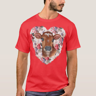 Floral Heart and Cow Coquette Design T-Shirt